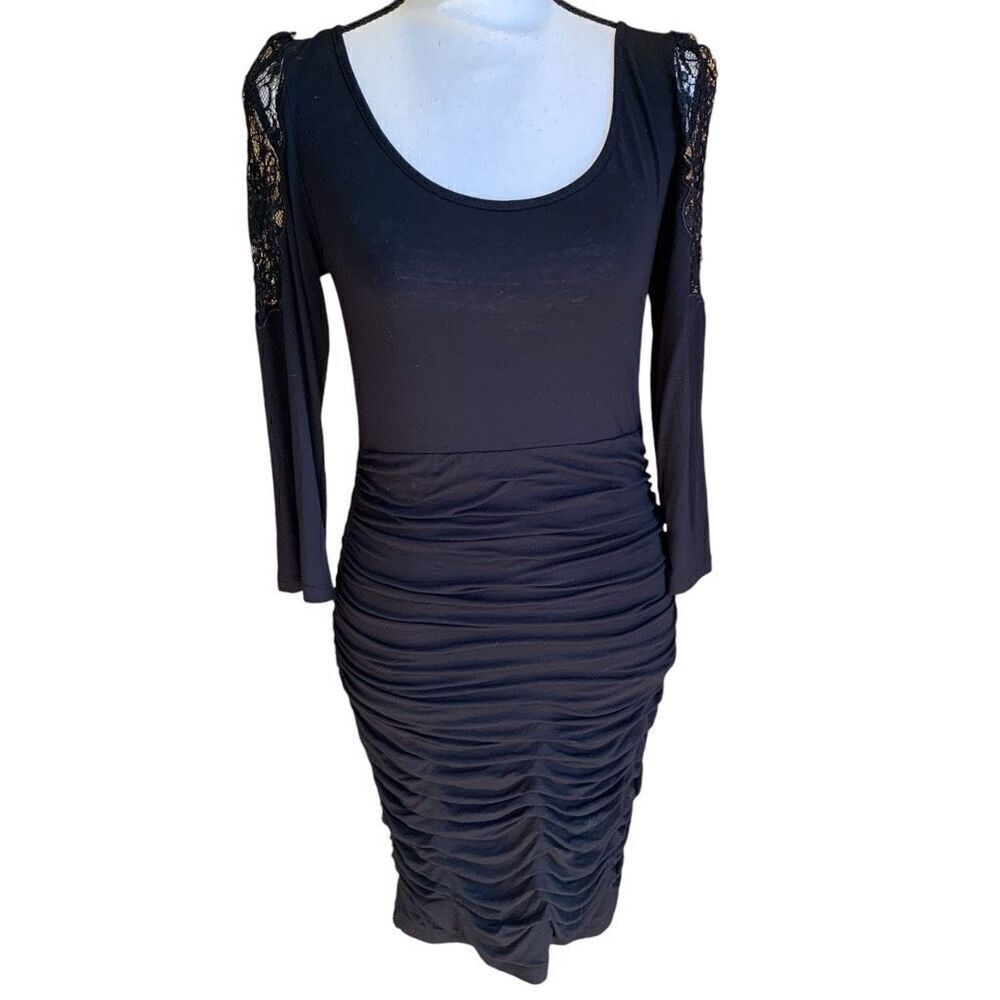 Nikibiki Bandage Dress Ruched Bottom‎ Lace Sleeves L/S Bodycon Black Medium